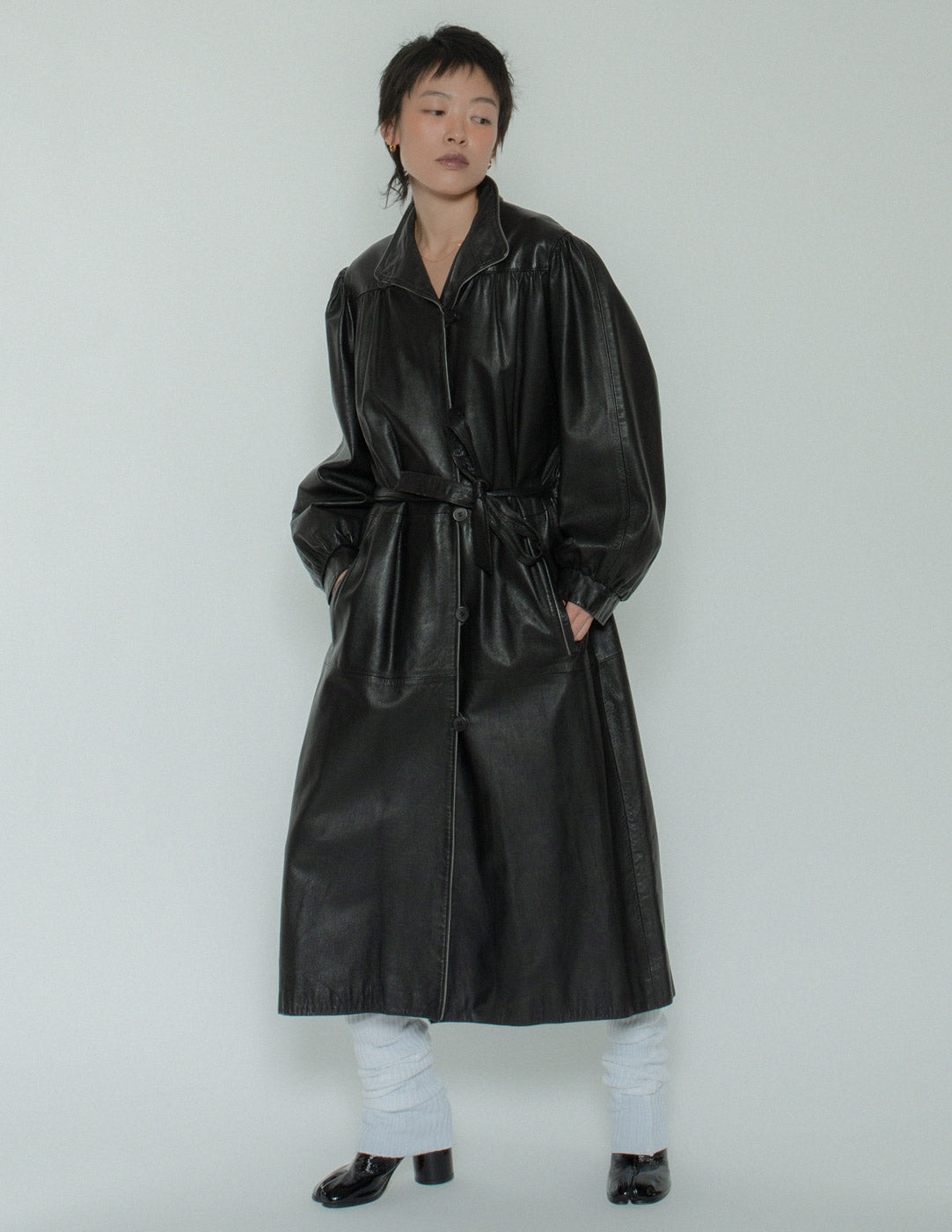 Guy Laroche vintage black leather robe with belt