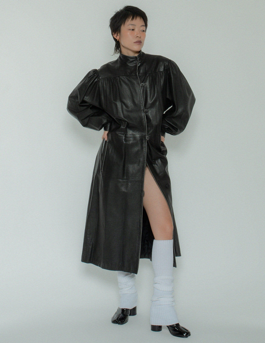 Guy Laroche vintage black leather robe with belt