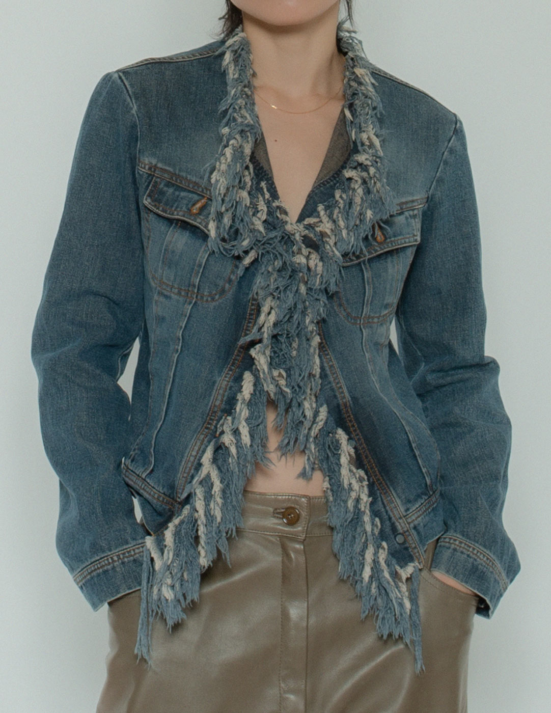 Plein Sud vintage denim jacket with fringe trim front detail