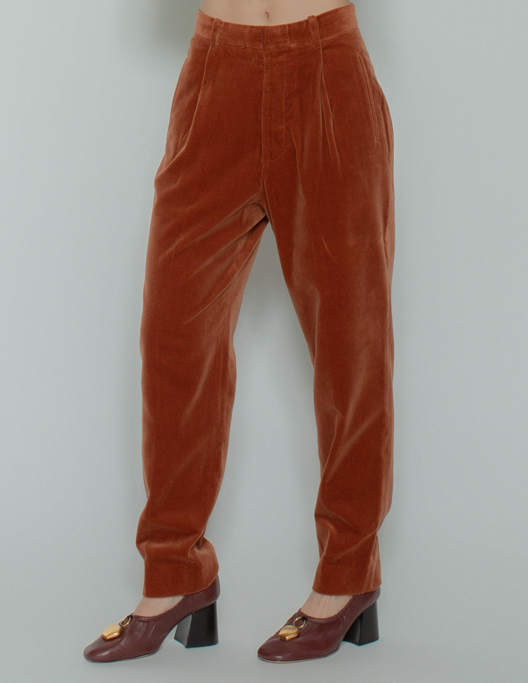 Romeo Gigli vintage apricot velvet trousers front detail