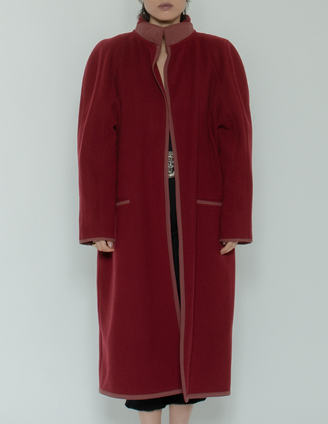 Gianni Versace vintage maroon wool and cashmere coat detail