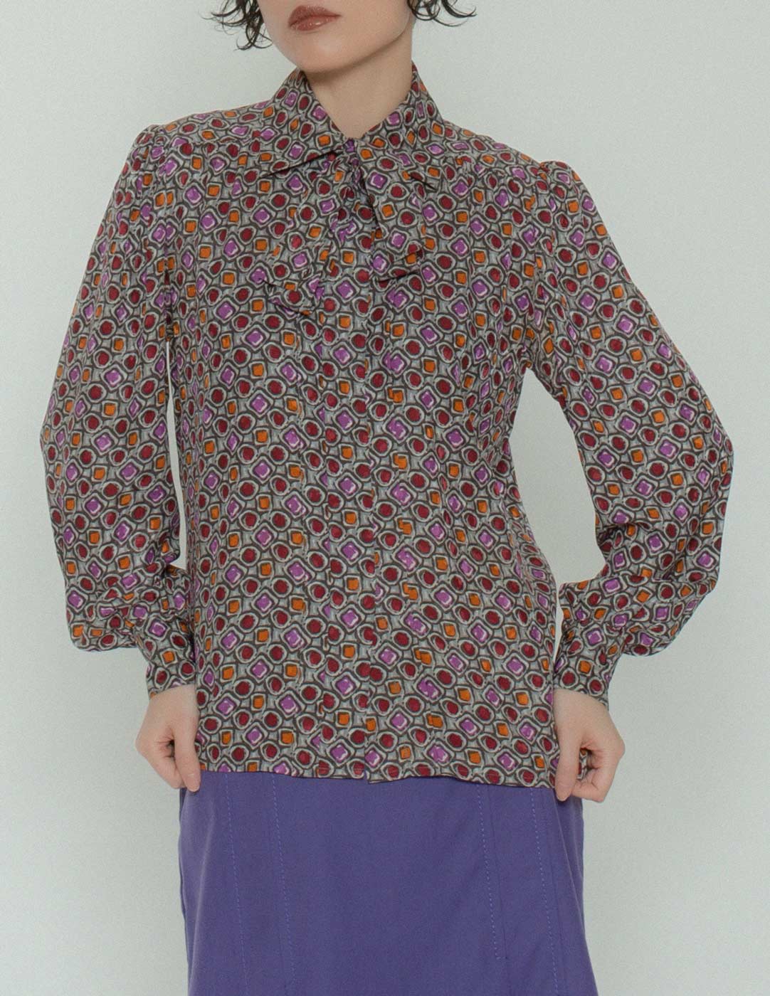 Saint Laurent Rive Gauche vintage gem print silk blouse with neck tie front detail