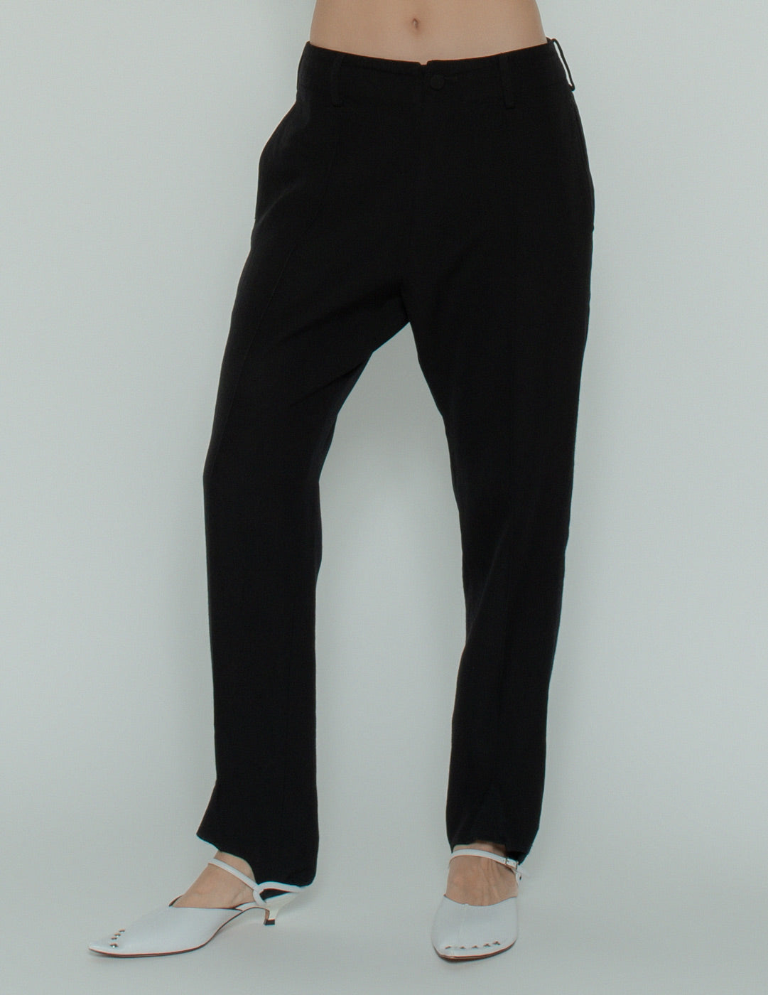 Yohji Yamamoto vintage wool stirrup riding trousers front detail