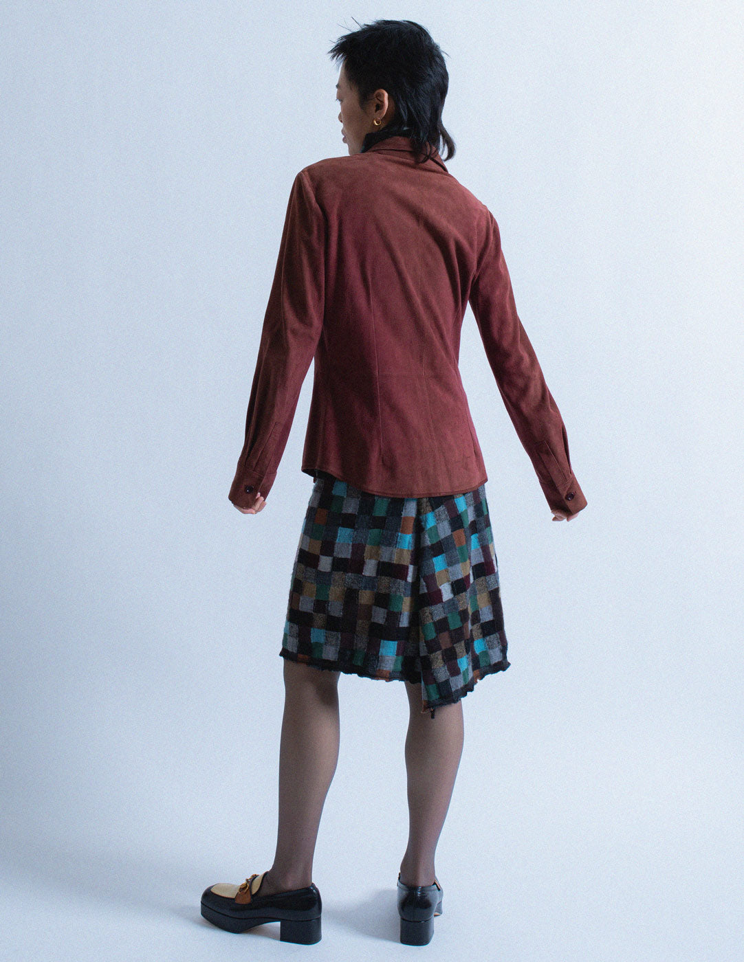 Loewe vintage brick red suede button down back view