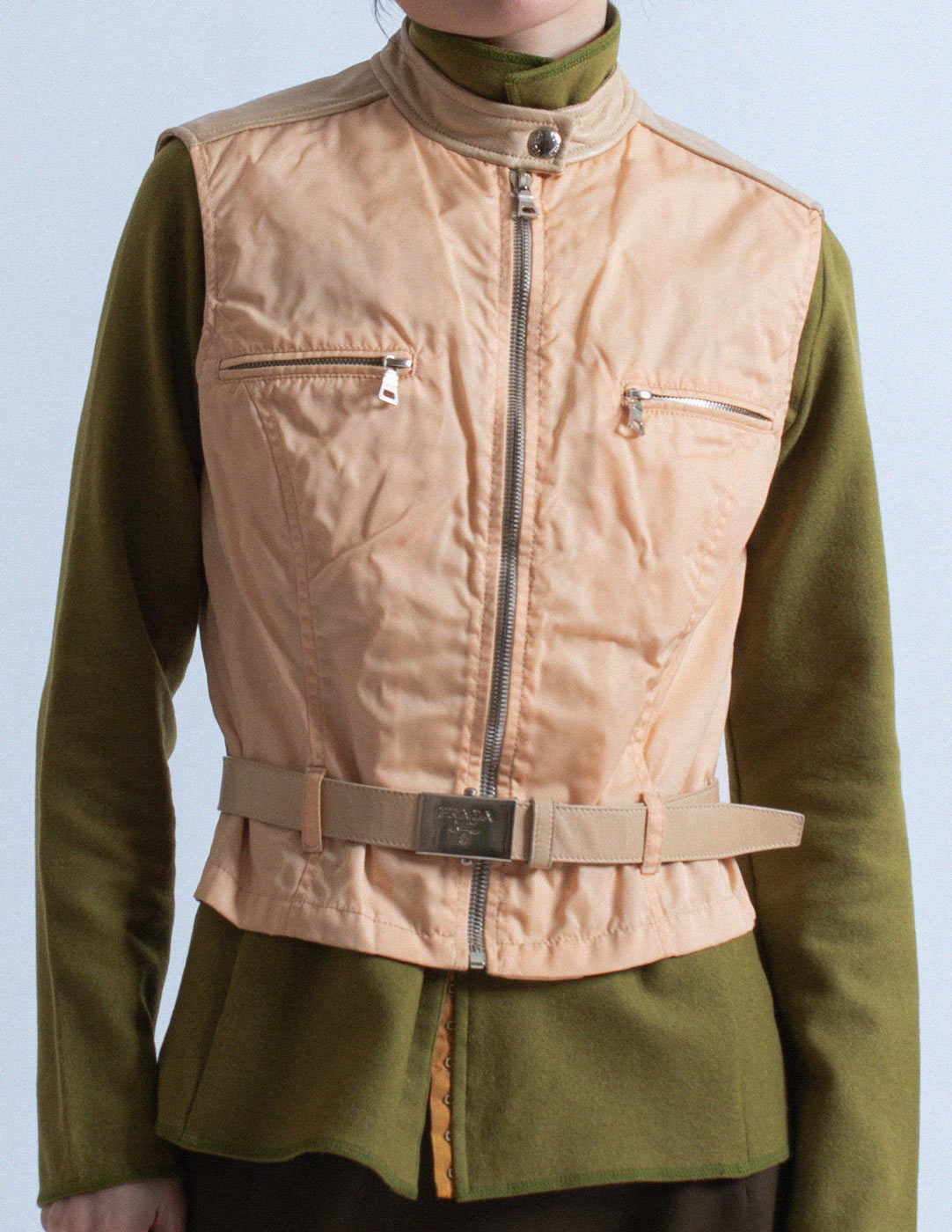 Prada nylon and leather belted vest detail