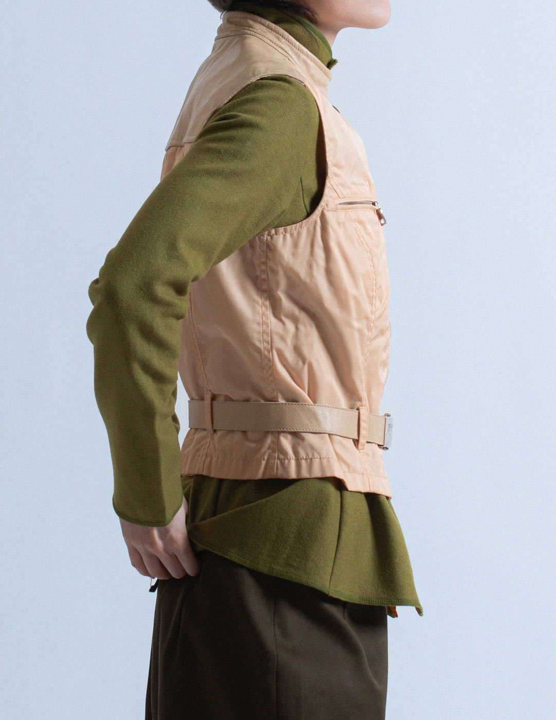 Prada nylon and leather belted vest side detail