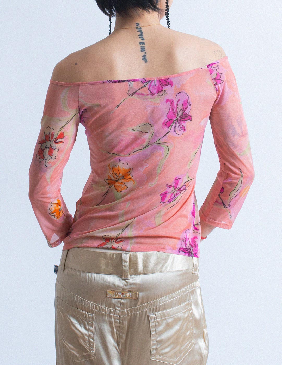 Blumarine sequined floral mesh top back detail