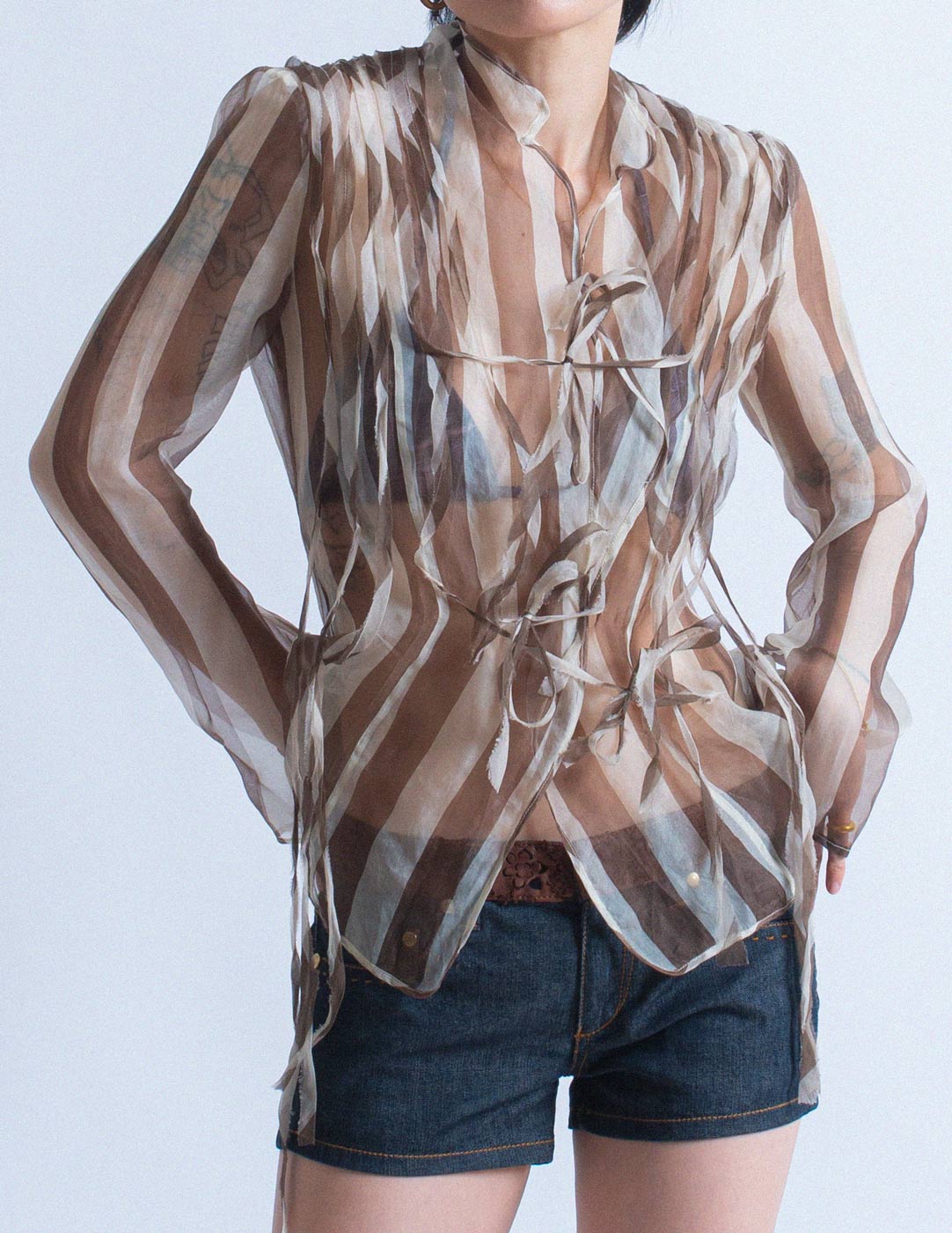 Gianfranco Ferré vintage striped sheer silk blouse front detail