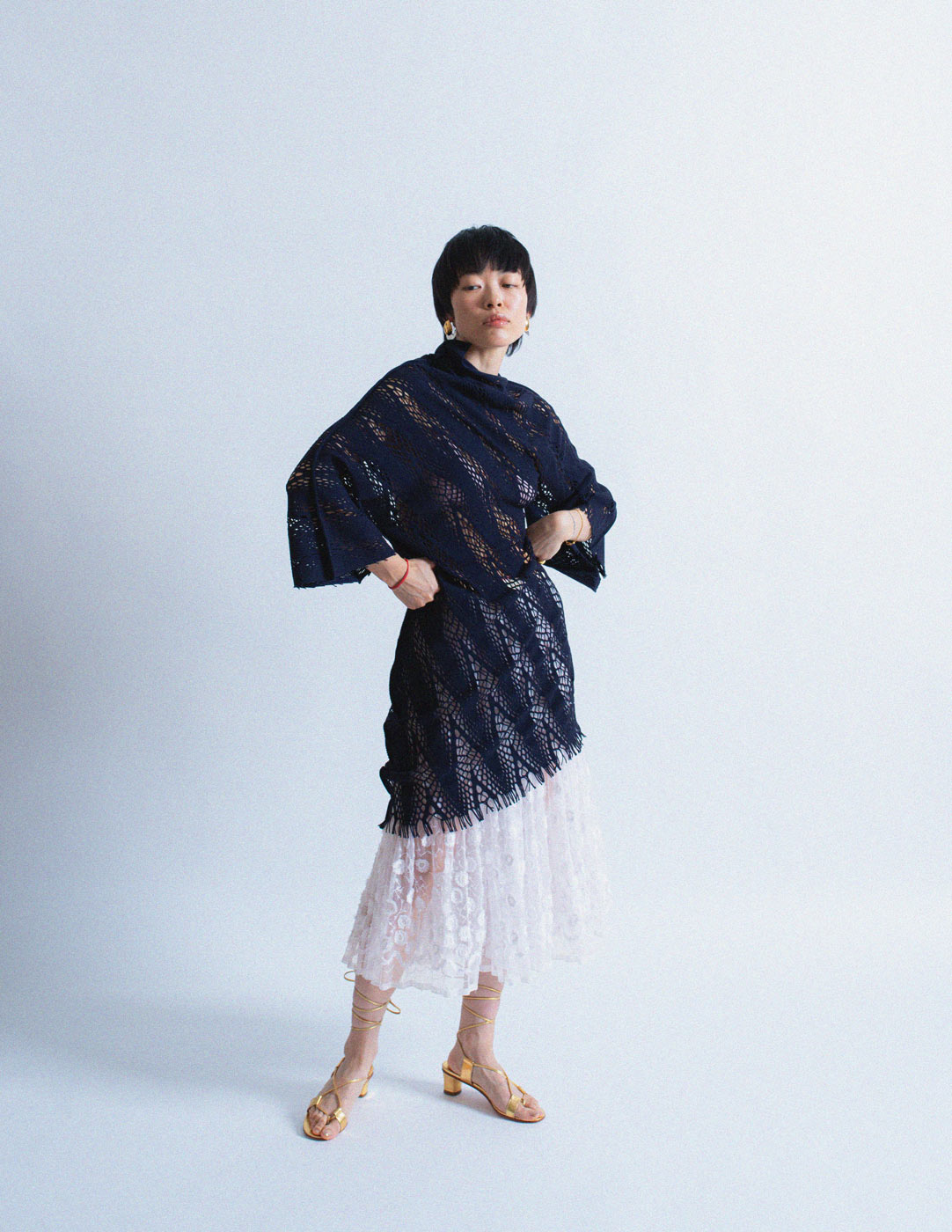 Issey Miyake navy asymmetrical net dress