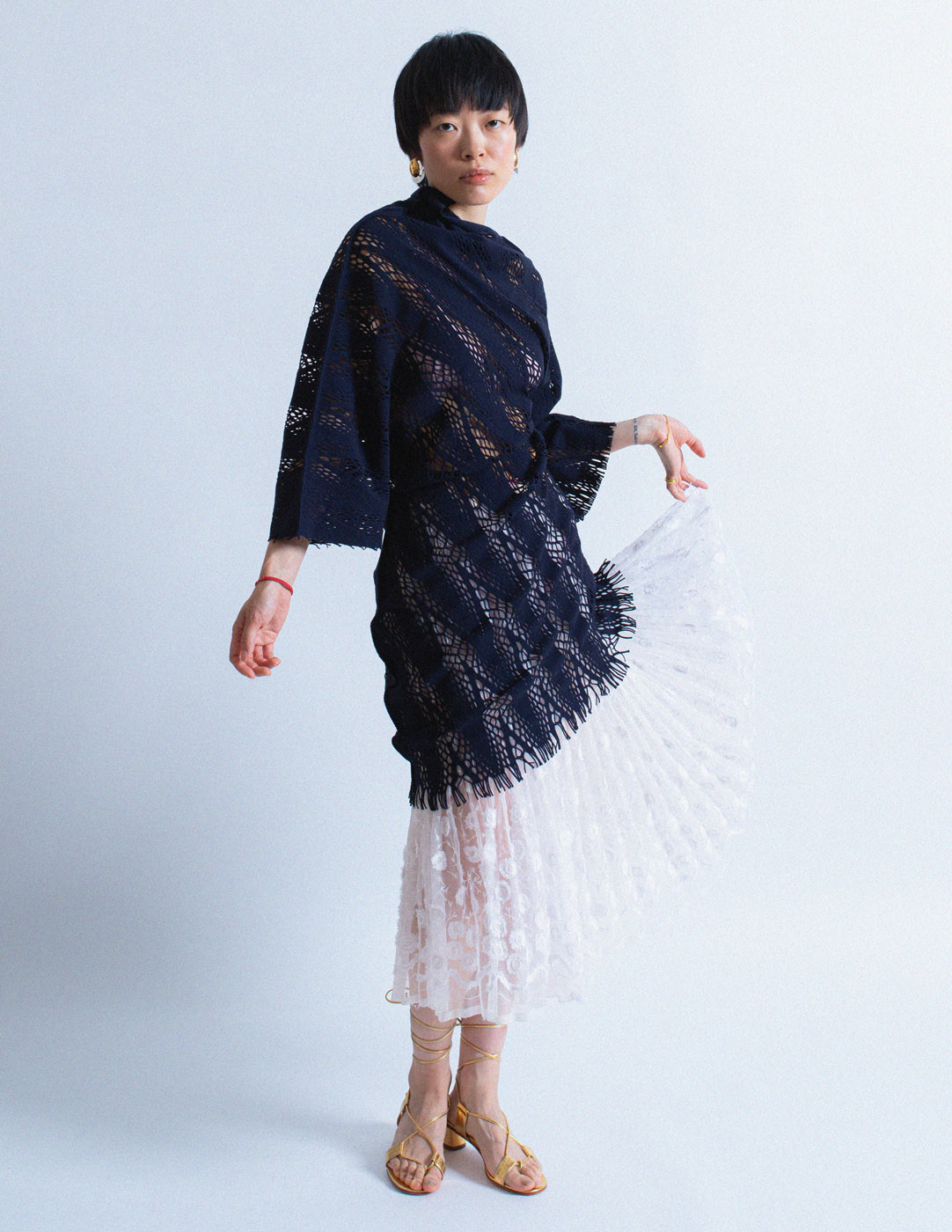 Issey Miyake navy asymmetrical net dress