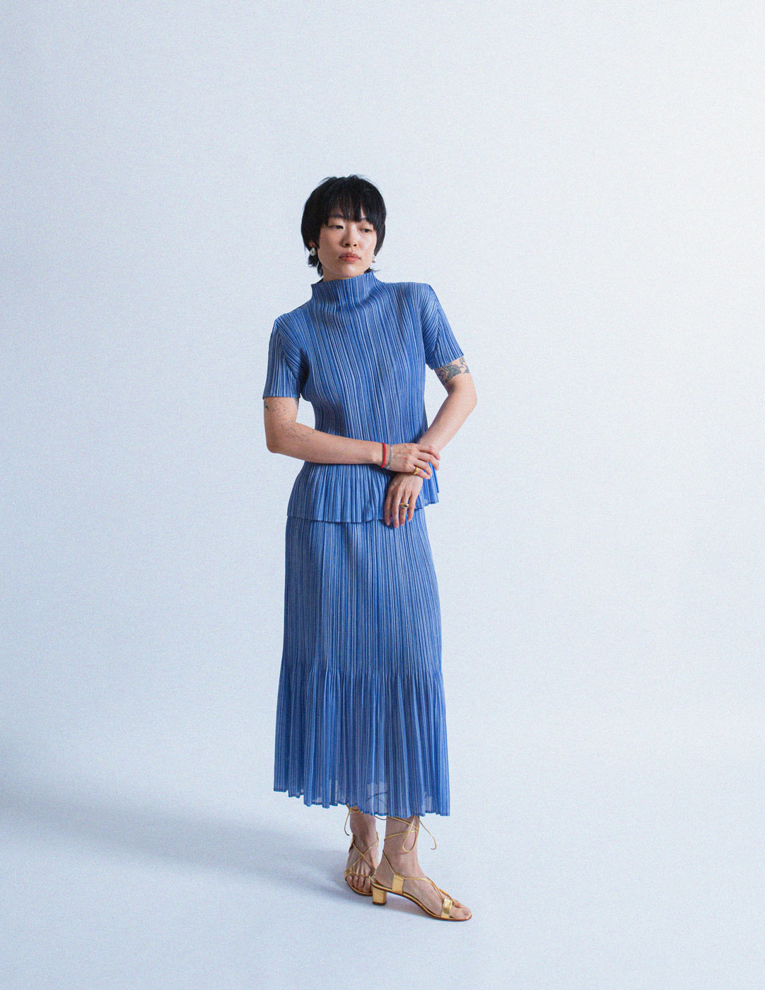 Issey Miyake vintage blue pleated skirt set