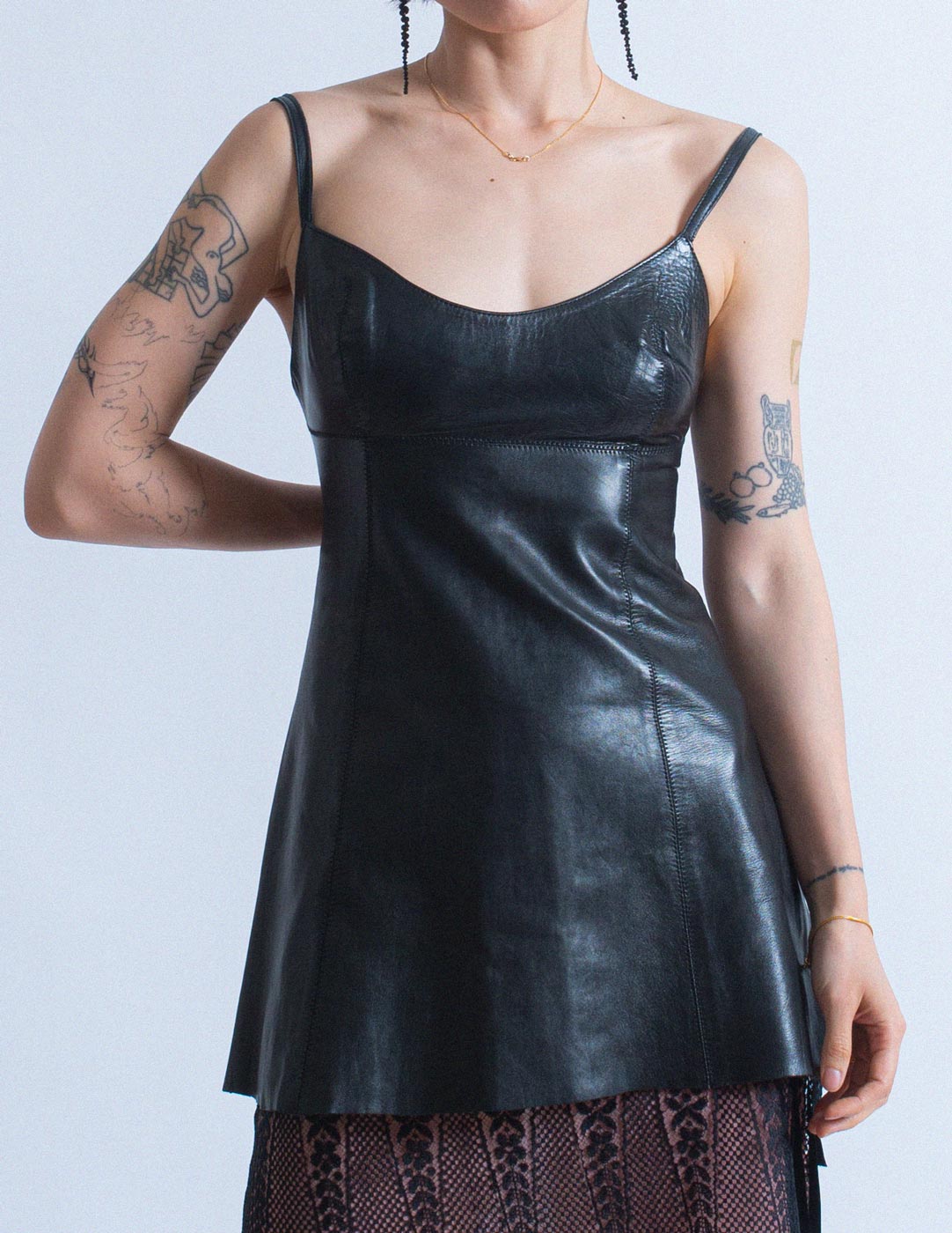 Plein Sud vintage black leather mini dress front detail