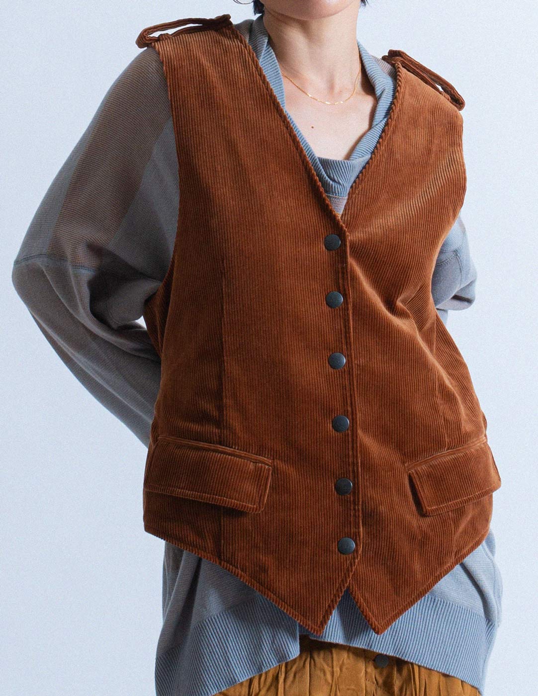 Vivienne Westwood caramel corduroy vest front detail