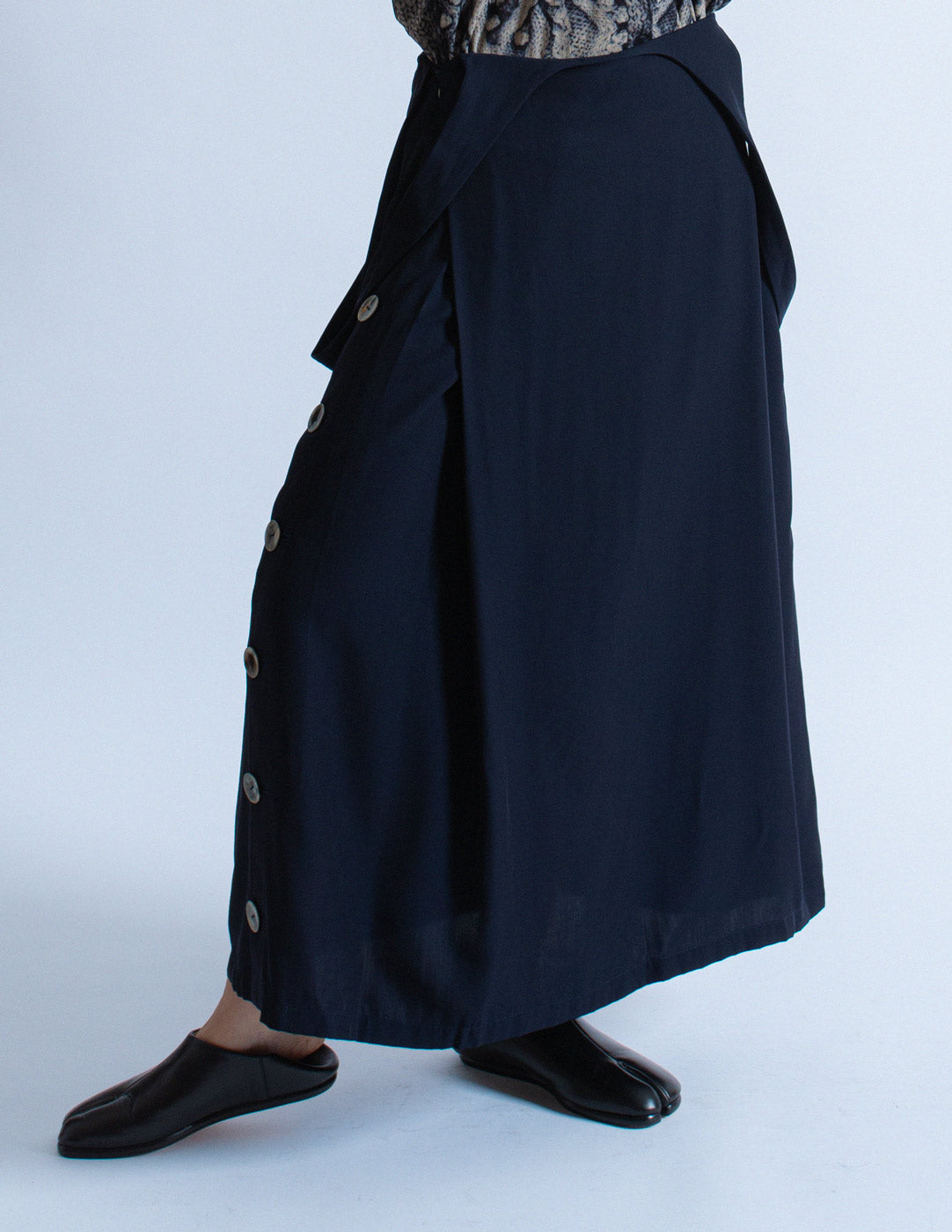 Y's navy pinafore wool blend dress skirt detail
