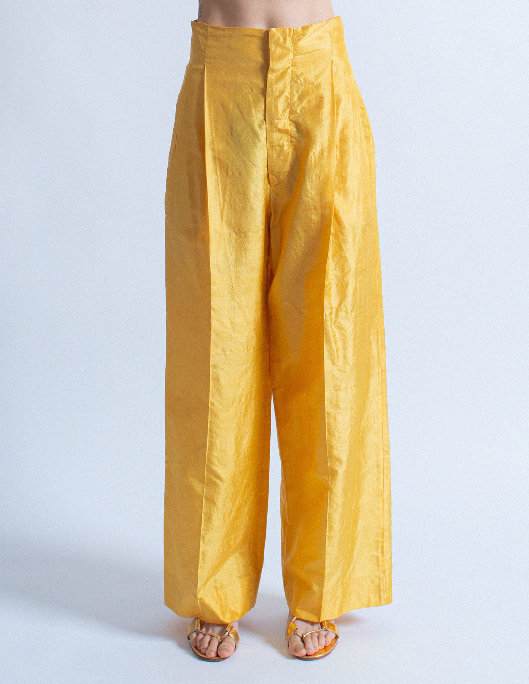 Romeo Gigli vintage marigold high waisted silk trousers front detail