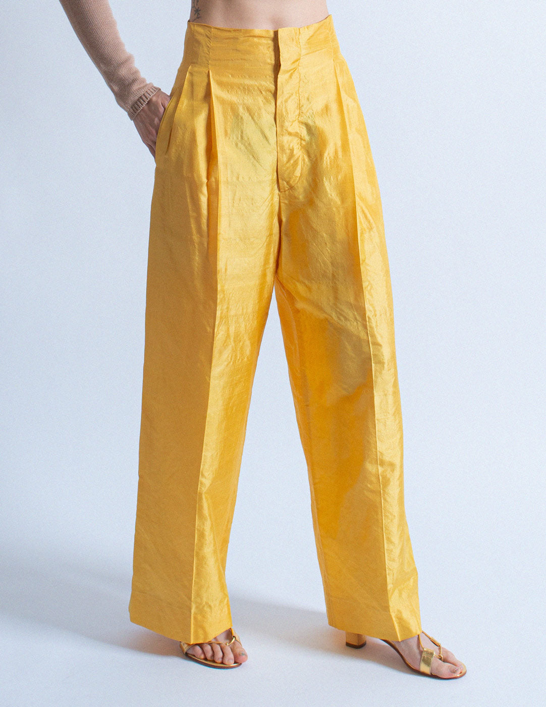 Romeo Gigli vintage marigold high waisted silk trousers side detail