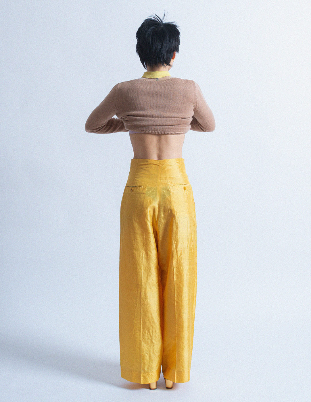 Romeo Gigli vintage marigold high waisted silk trousers back view