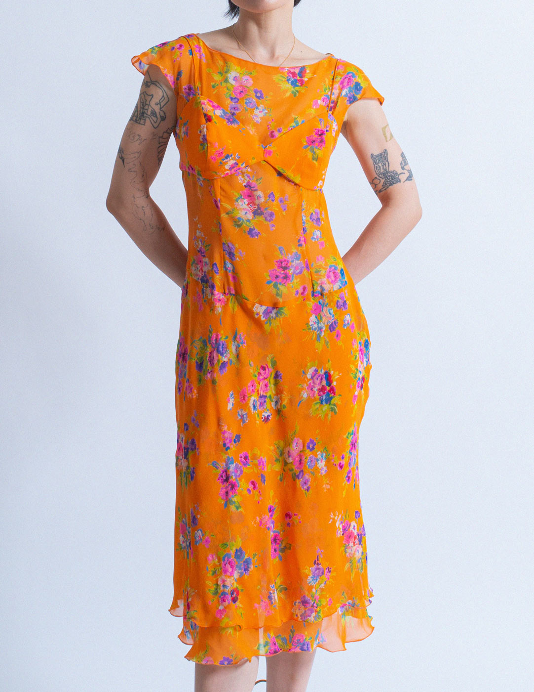 Blumarine orange floral silk dress set front detail