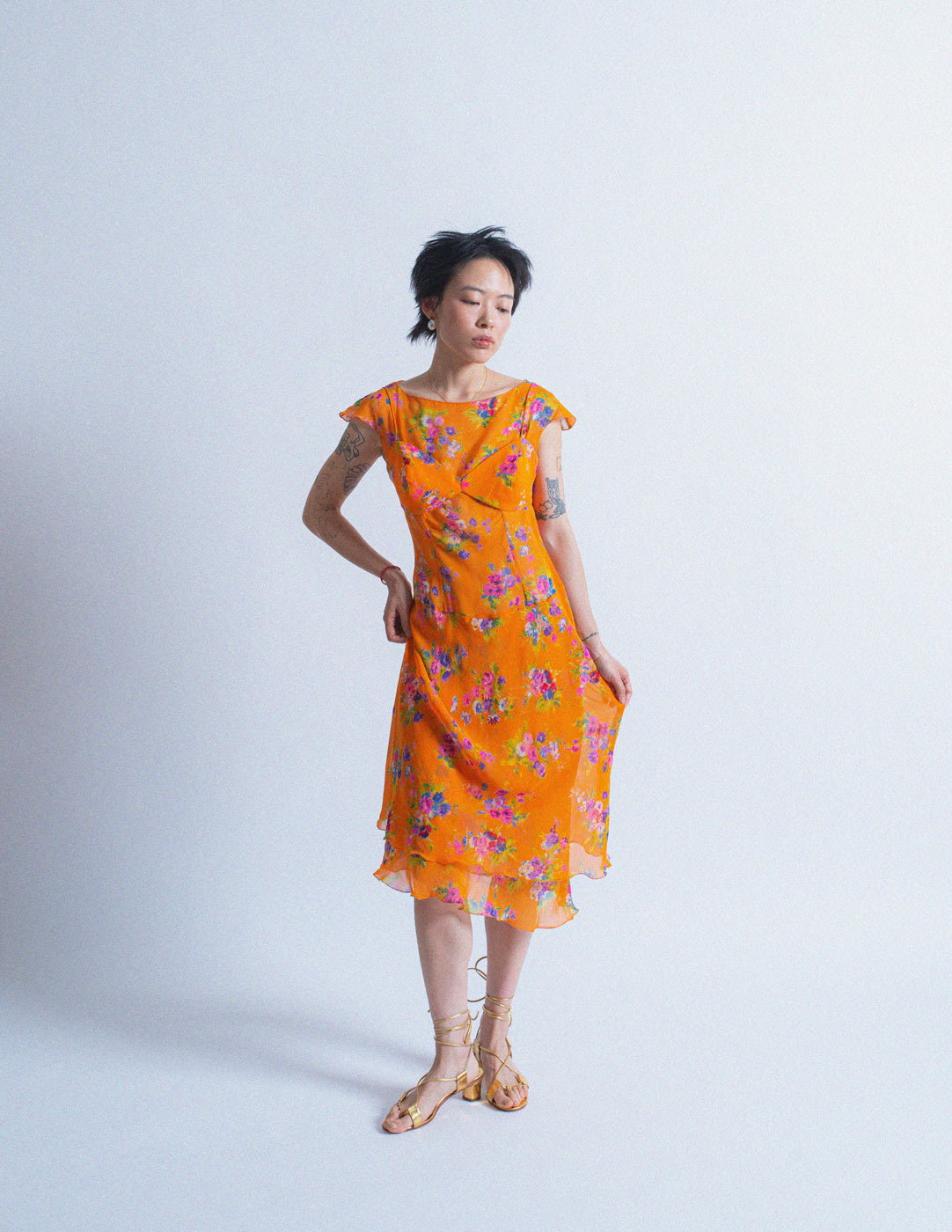 orange floral silk dress set