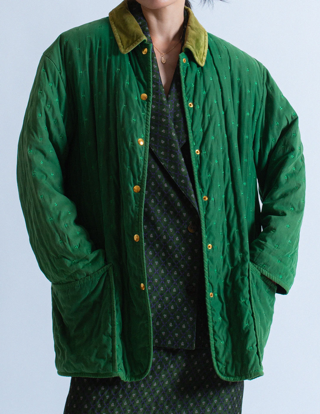 Hermès vintage green quilted coat open detail