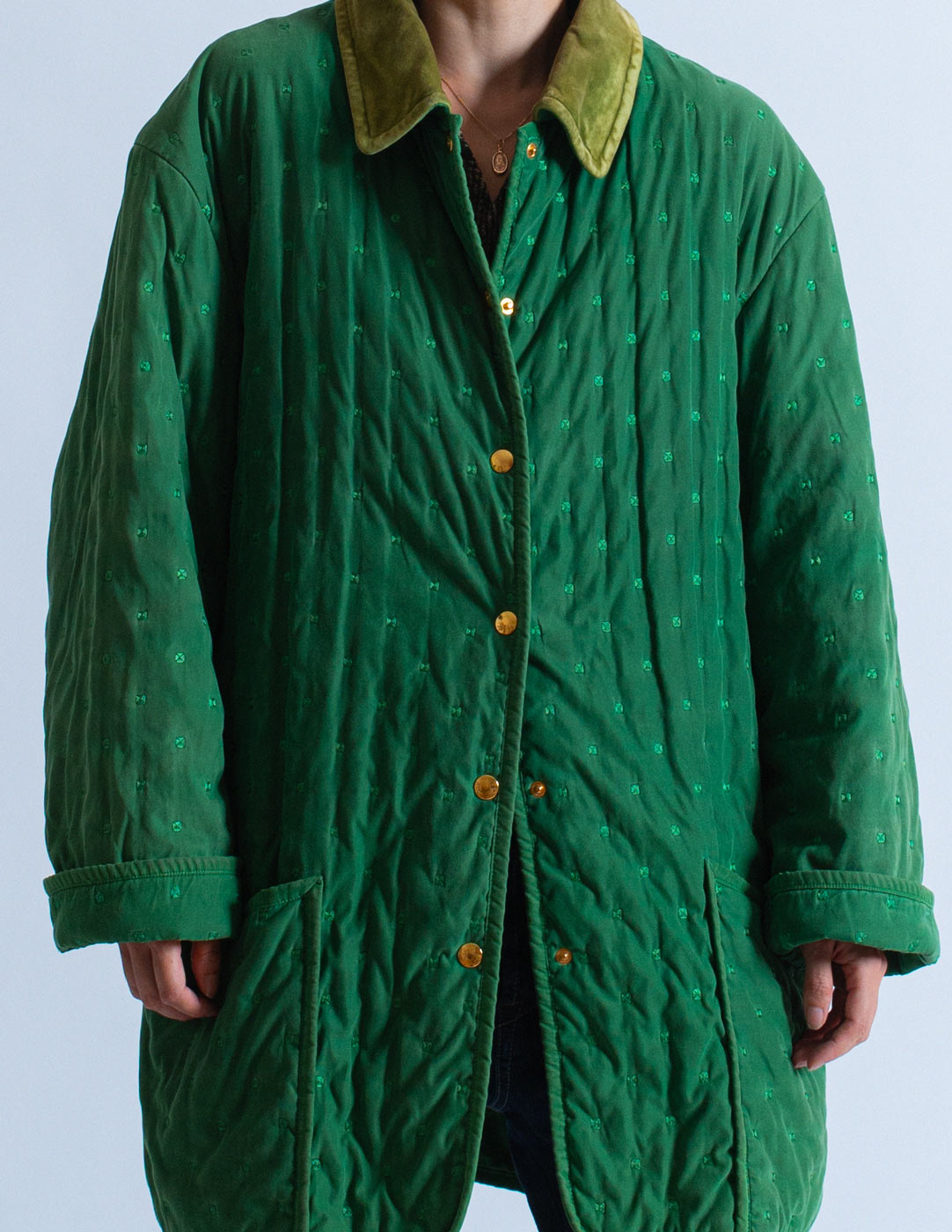 Hermès vintage green quilted coat front detail