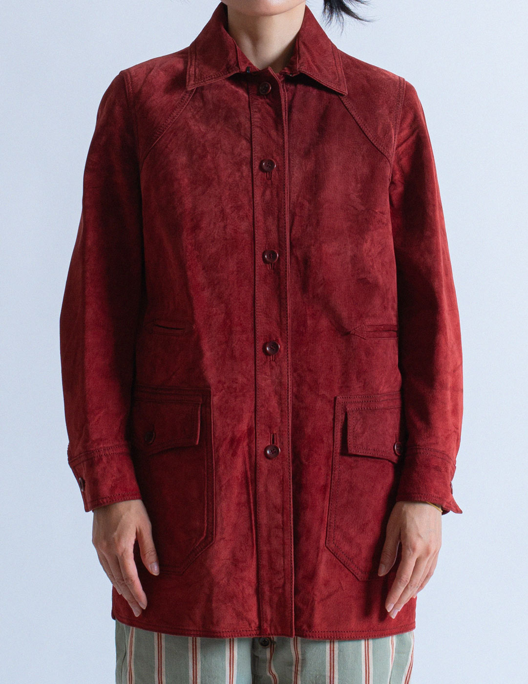 Loewe vintage brick red suede leather jacket detail