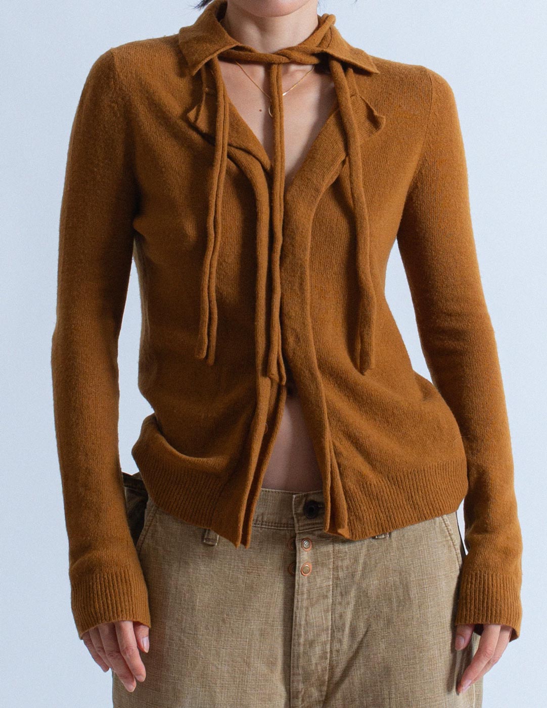 Y's caramel wool cardigan with ties front detail