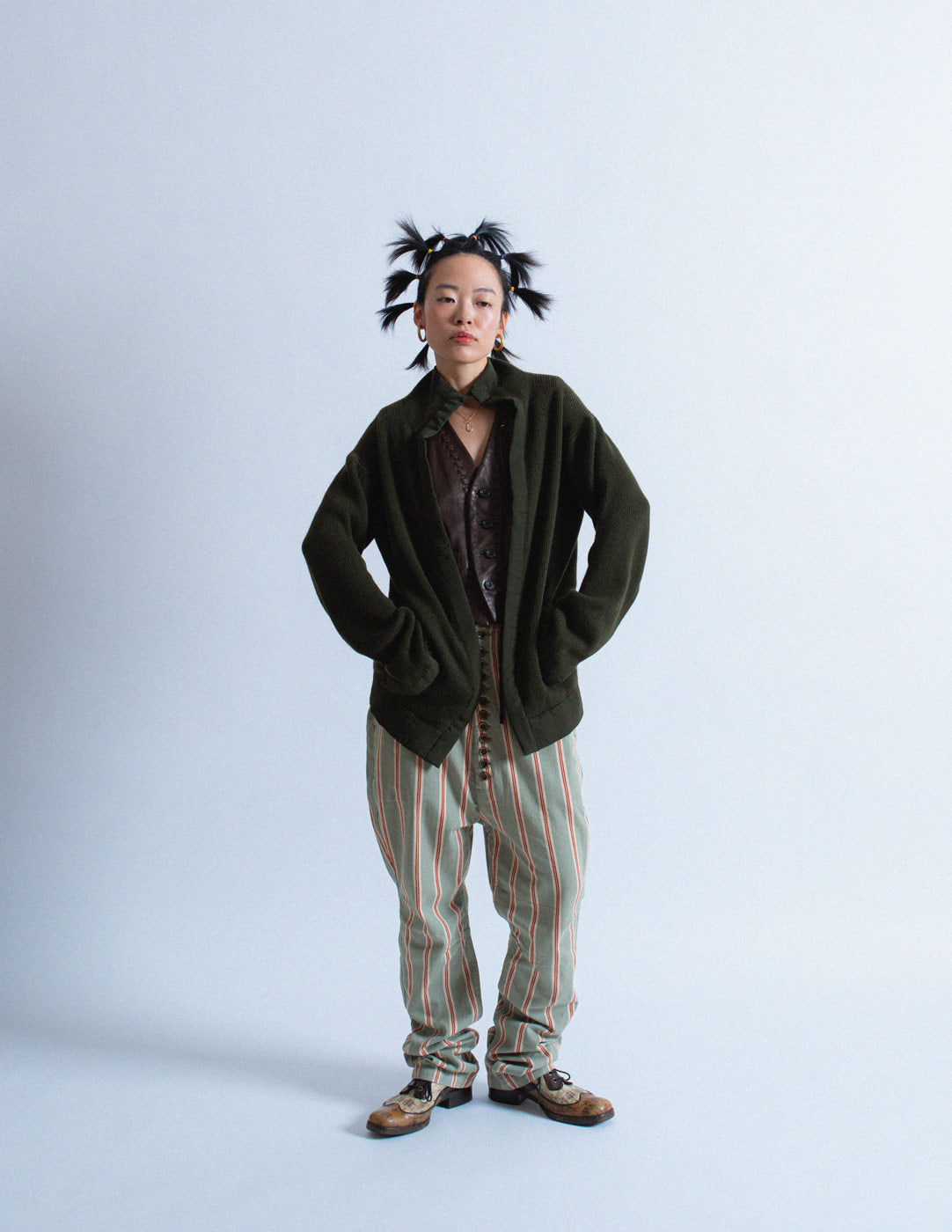 Yohji Yamamoto open dark olive wool cardigan