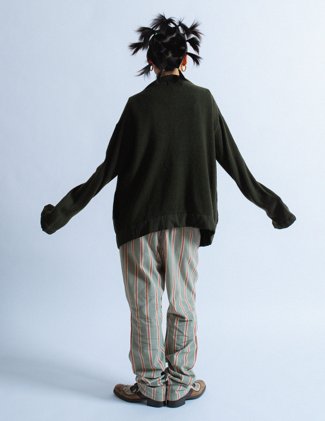 Yohji Yamamoto open dark olive wool cardigan back view
