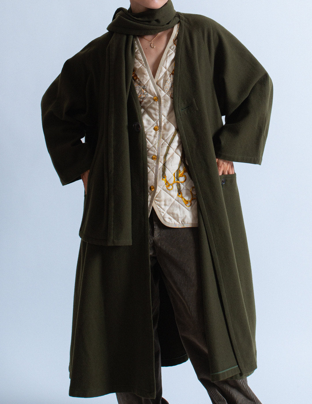 Y's olive wool coat with attached scarf layered detail