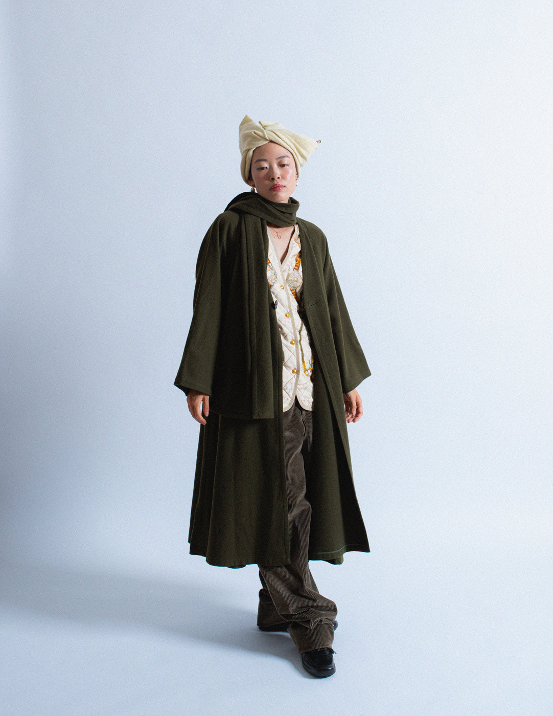 Y's olive wool coat with attached scarf