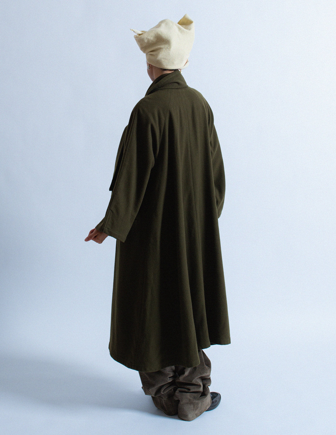 Y's olive wool coat with attached scarf back view