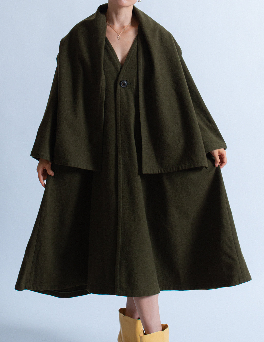 Y's olive wool coat with attached scarf front detail