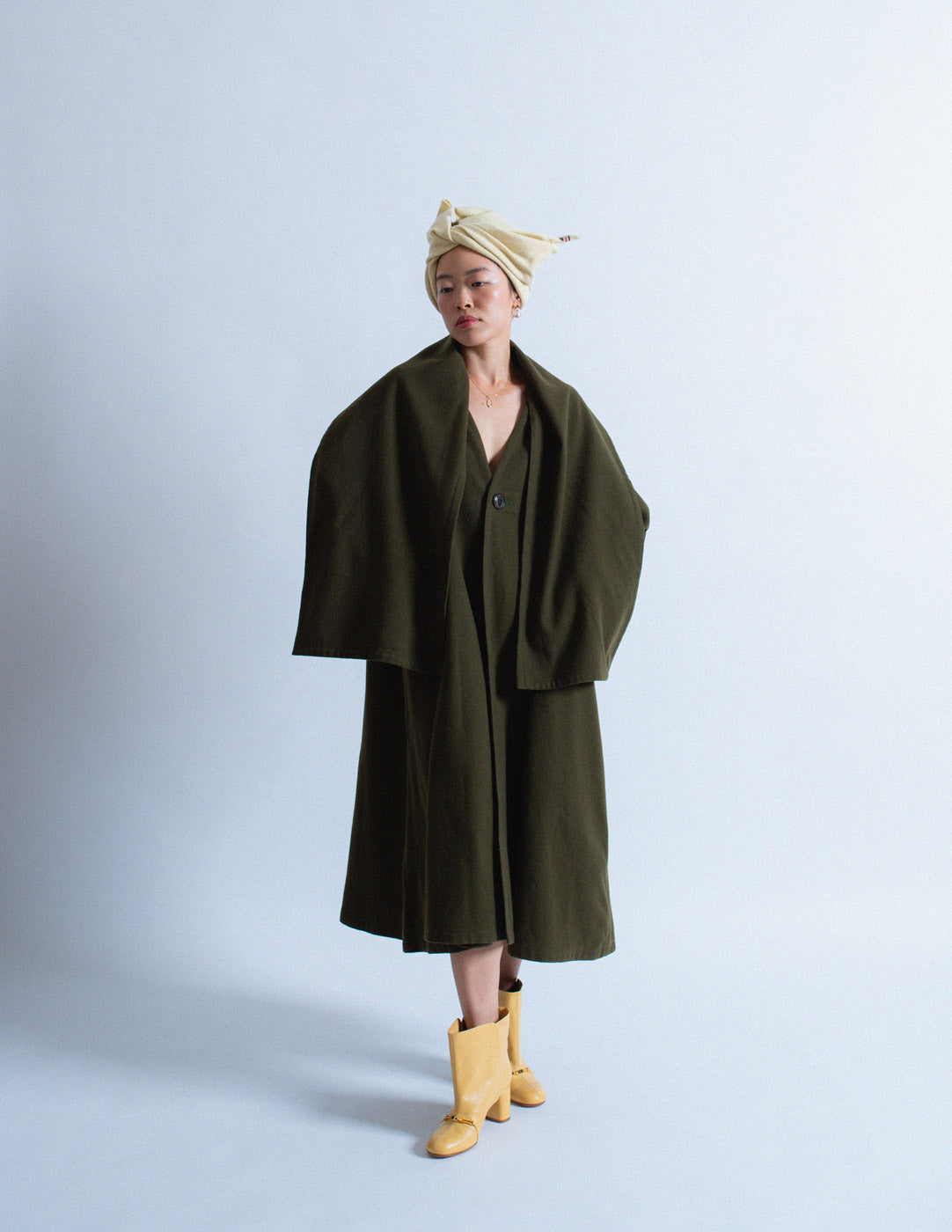 Y's olive wool coat with attached scarf