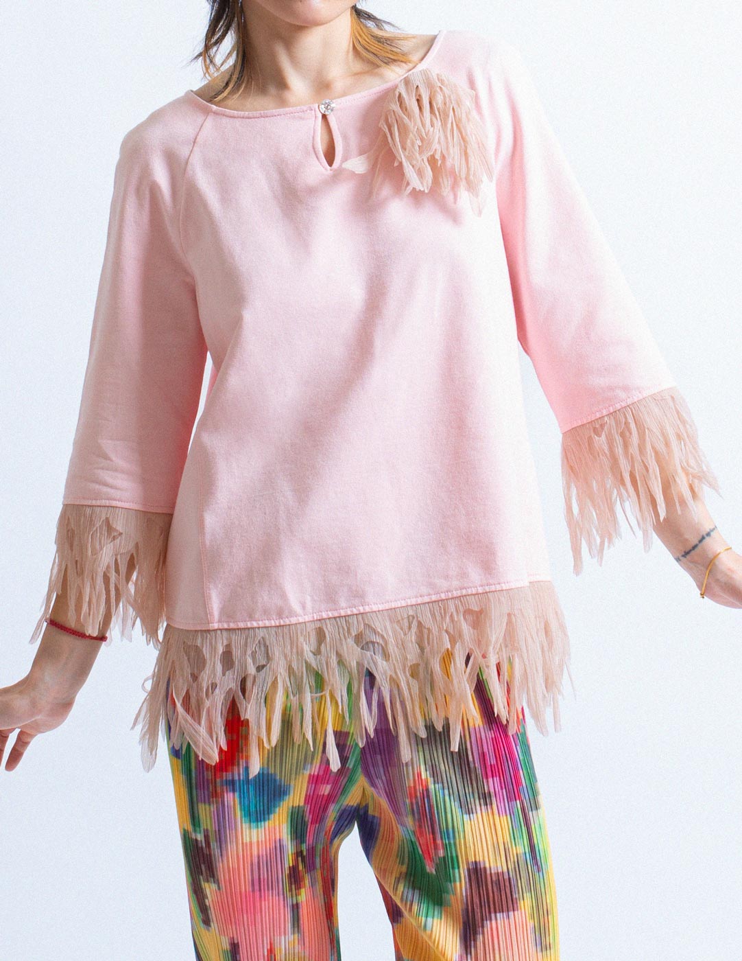 Blumarine pink cotton top with tissue paper fringe front detail