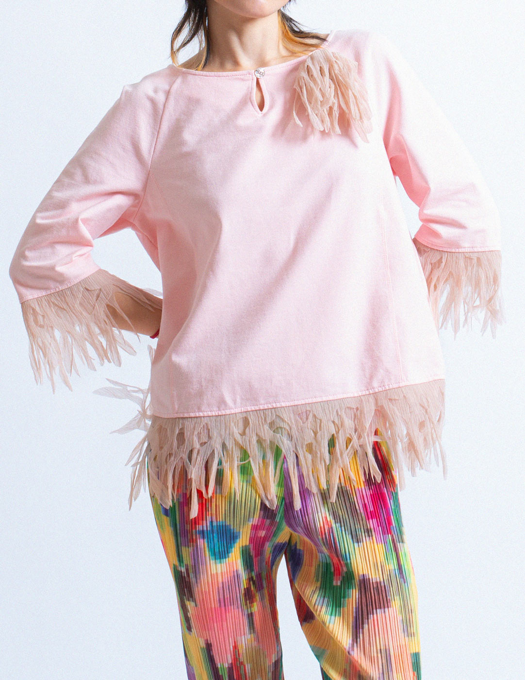 Blumarine pink cotton top with tissue paper fringe detail