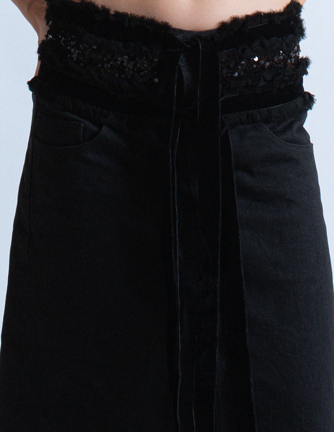 Comme des Garçons vintage black denim skirt with sequin velvet trim detail