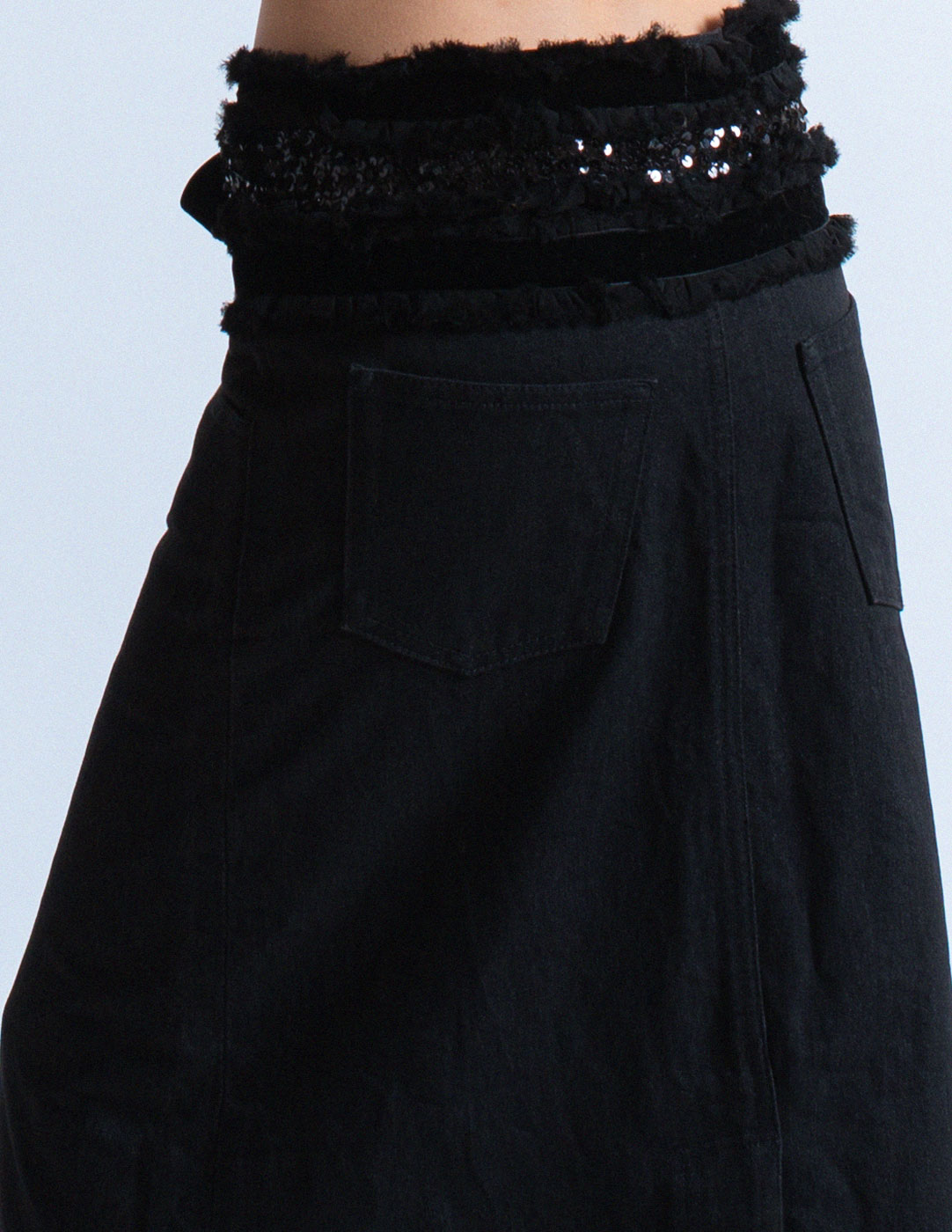 Comme des Garçons vintage black denim skirt with sequin velvet trim 