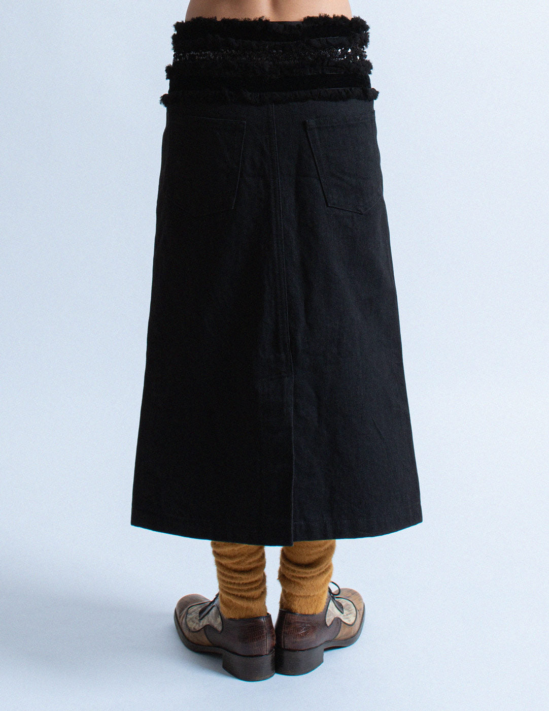 Comme des Garçons vintage black denim skirt with sequin velvet trim back detail