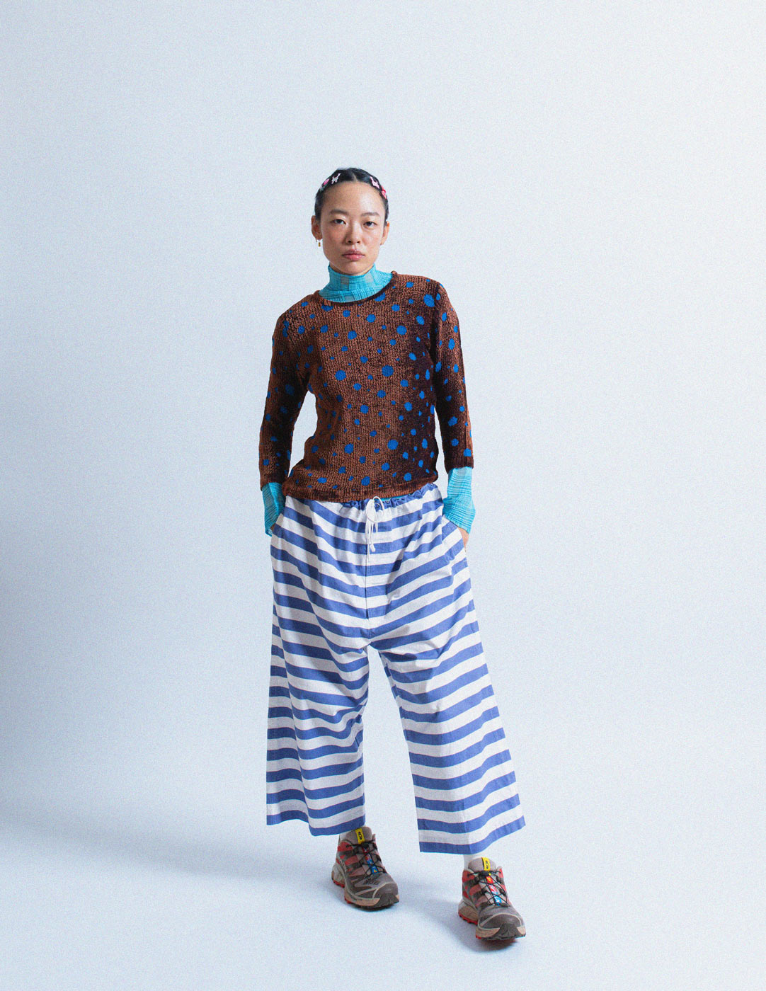 Yoshiki Hishinuma brown and blue polkadot top