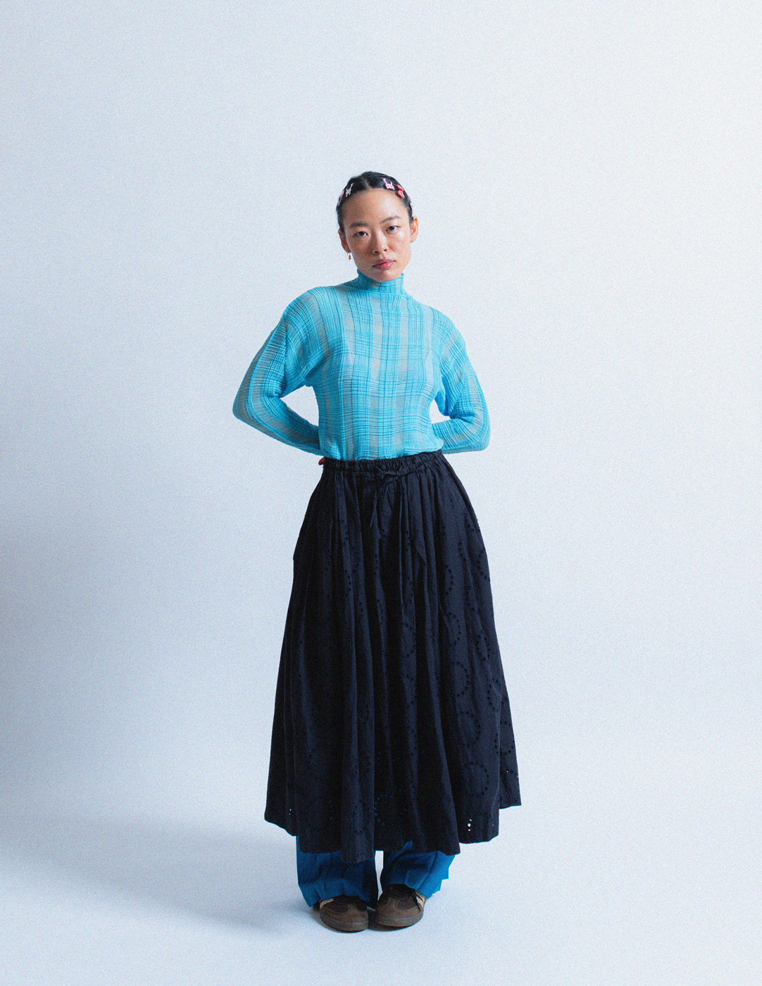 sheer blue waffle pleated long sleeves