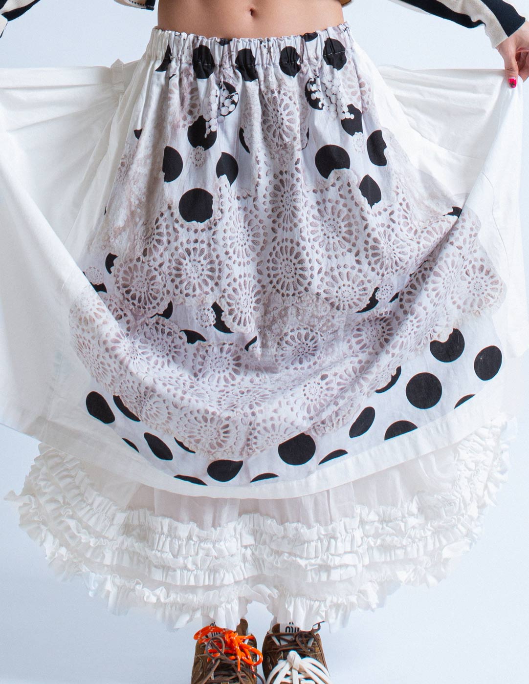 Comme des Garçons lace print balloon skirt with ruffled lining detail