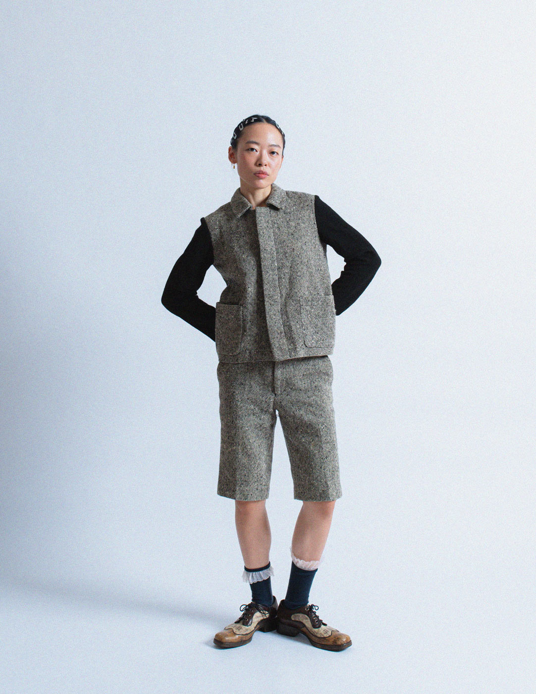 Comme des Garçons vintage black and gray tweed shorts set