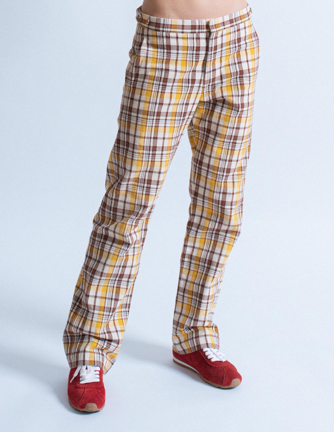 Comme des Garçons vintage yellow plaid cotton trousers front detail