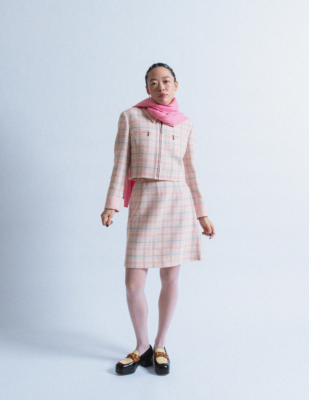 Courrèges vintage pink plaid tweed skirt set