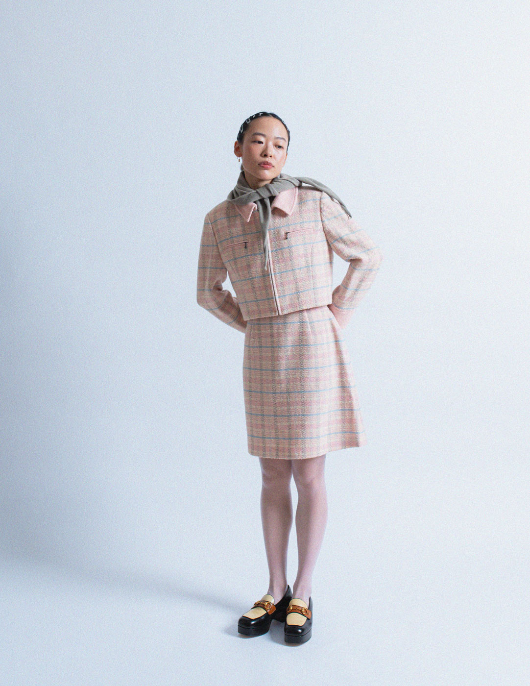 Courrèges vintage pink plaid tweed skirt set