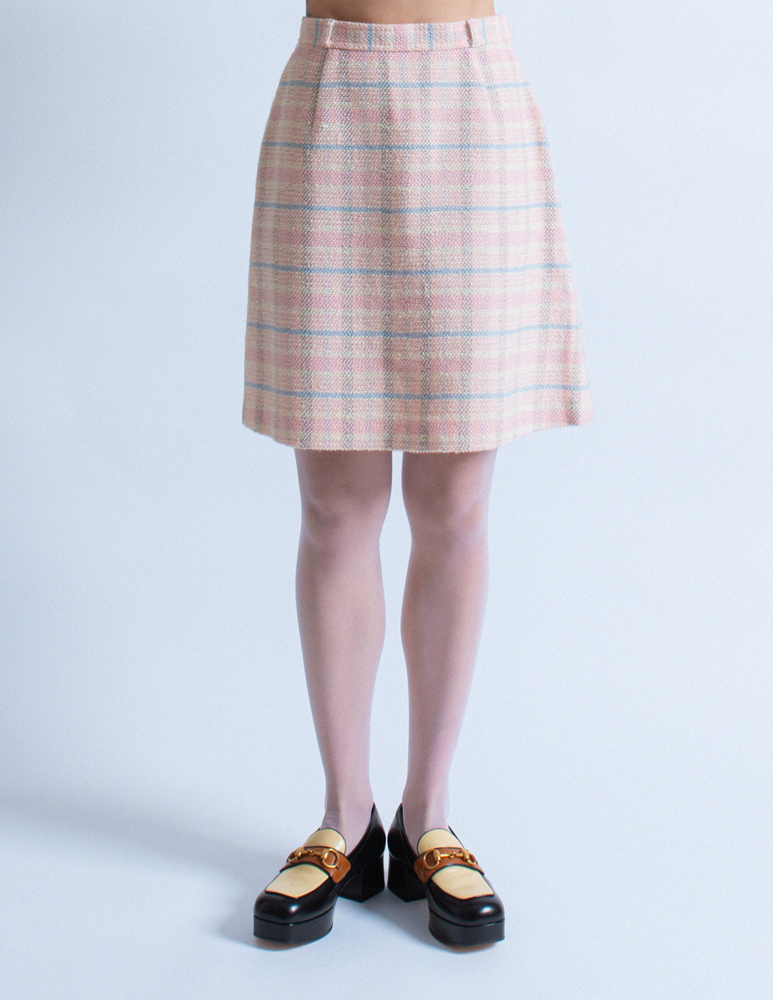 Courrèges vintage pink plaid tweed skirt set skirt detail