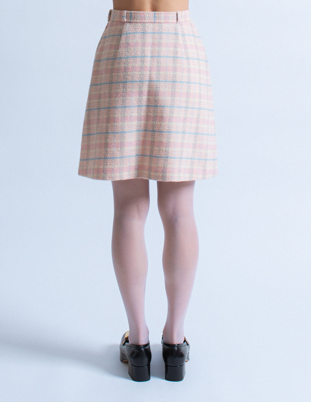 Courrèges vintage pink plaid tweed skirt set back detail