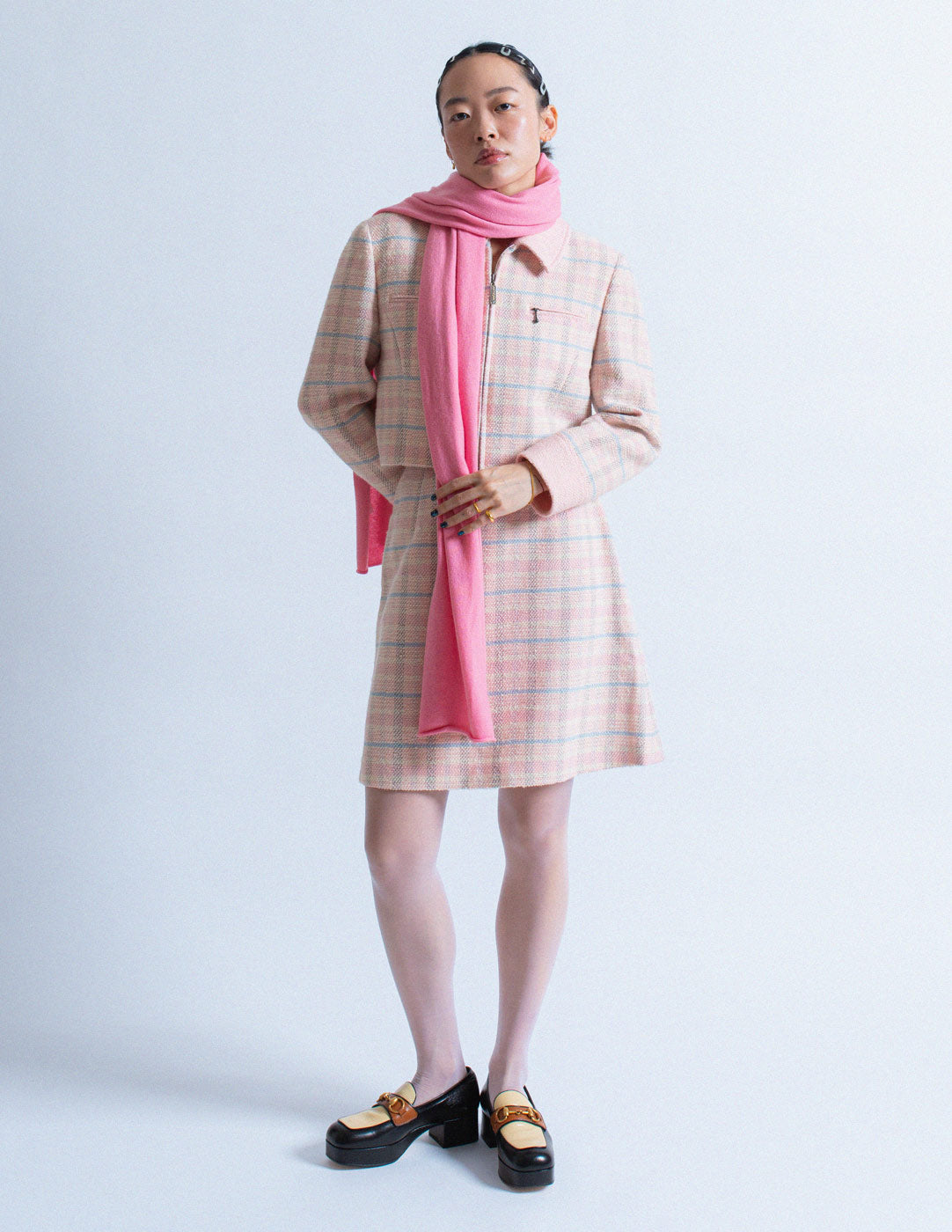 Courrèges vintage pink plaid tweed skirt set