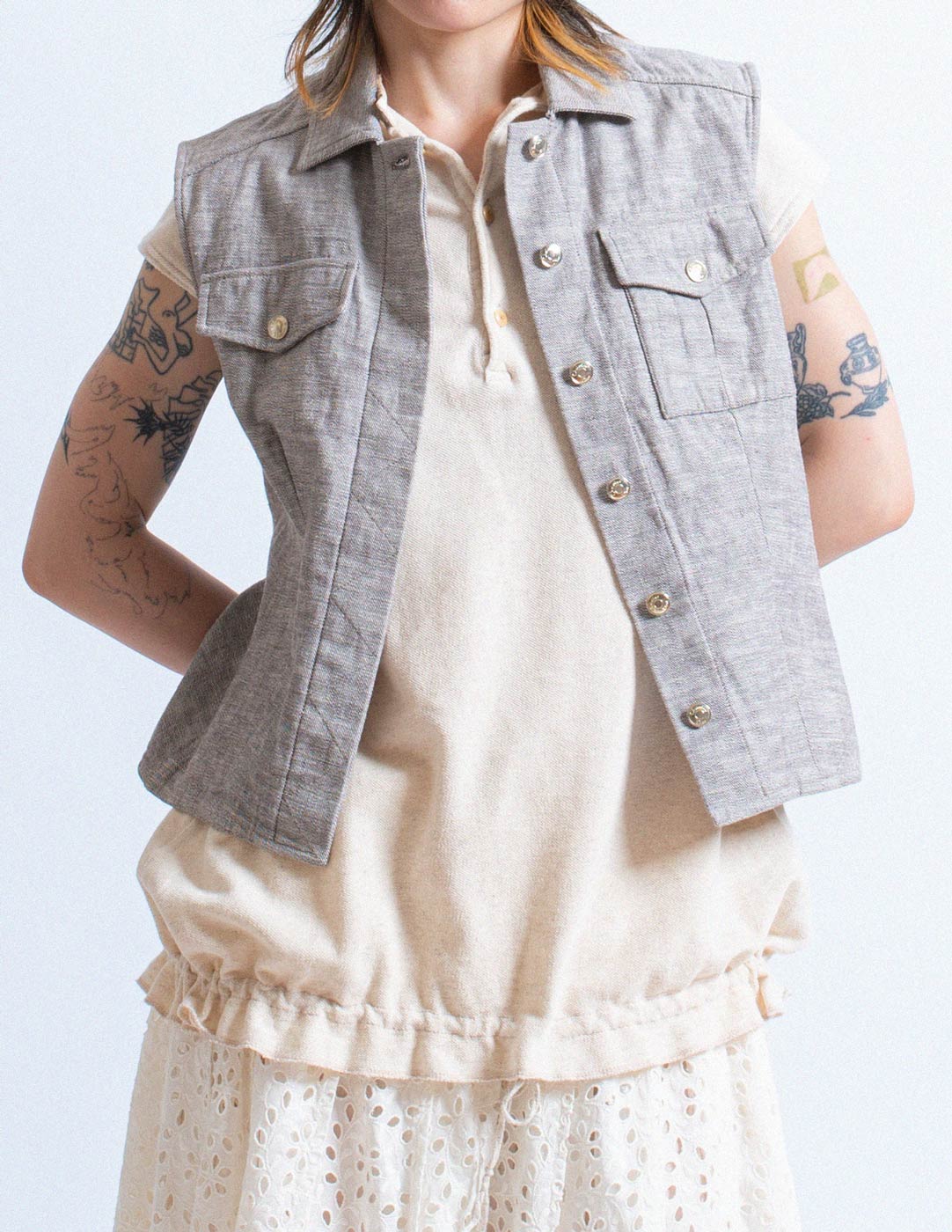 Christian Dior vintage light gray wash denim vest open detail